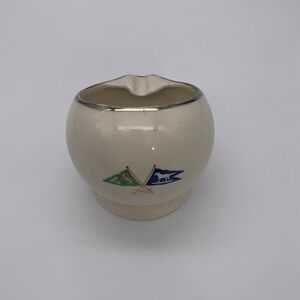 Mid Century Found Footed Ceramic Cigar Ashtray Half Circle Flag Logo Silver Rim